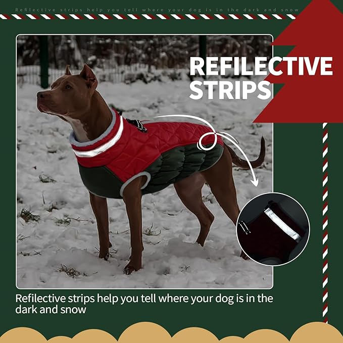 FUAMEY Dog Coat for Medium Dogs,Waterproof Dog Winter Jacket with Harness Built in Puppy Cold Weather Coats Reflective Pet Vest with Zipper Warm Fleece Dogs Snowsuit Windproof Christmas M