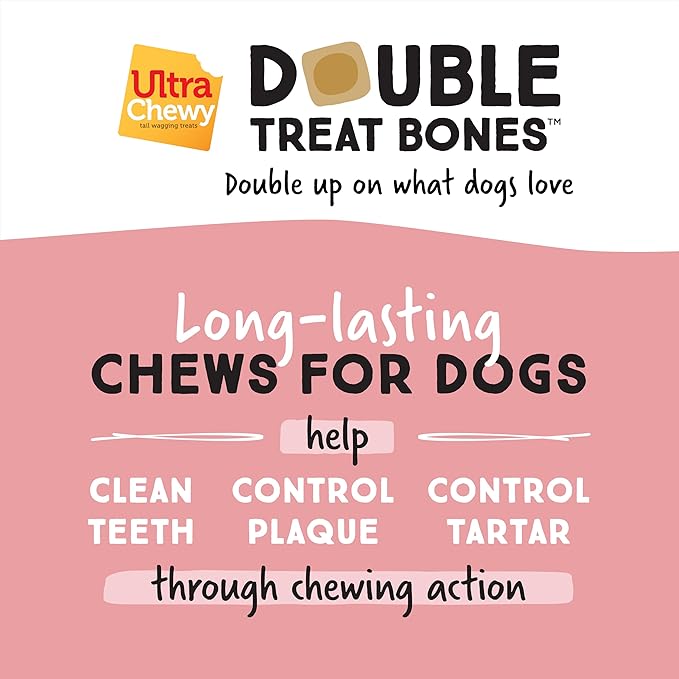 Ultra Chewy Yogurt with Strawberry Double Treat Bones: Long-Lasting Dog Treats Made in USA for Large and Small Breeds, Highly Digestible (24 Count)