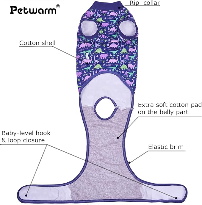 PetWarm Dog Recovery Suit Male Neutered Surgery, Onesies for Dogs, Dog Cone Alternative After Surgery, Substitute E-Collar and Cone Prevent Pet Surgery Recovery Suit, Dinosaur pattern, Blue Purple, XL