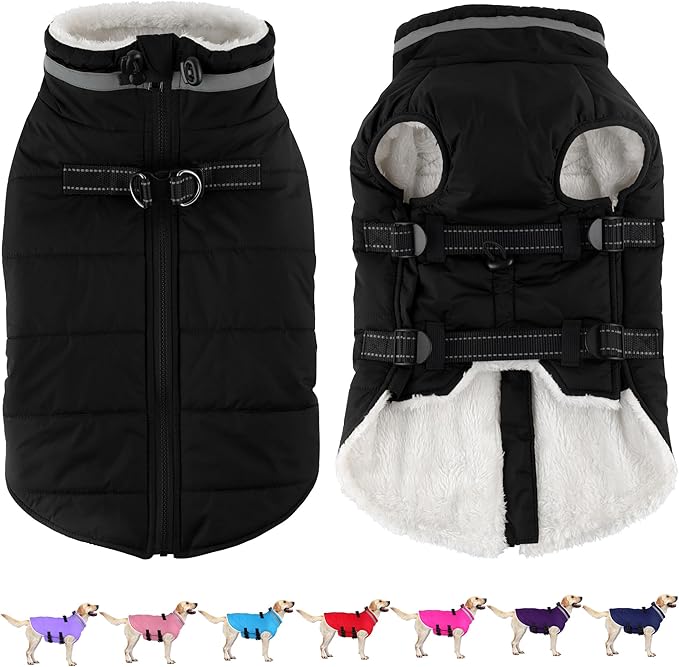 Dogcheer Dog Coat, Waterproof Dog Jacket with Harness, Reflective Adjustable Winter Coat with Zipper, Christmas Pet Snow Jacket Clothes for Small Medium Large Dogs - Black 2XL