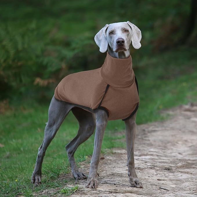 ROZKITCH Dog Fleece Sweater, Pet Windproof Warm Cold Weather Jacket Vest Cozy Jumpsuit Apparel Outfit Clothes for Walking Hiking Travel Sleep Brown L