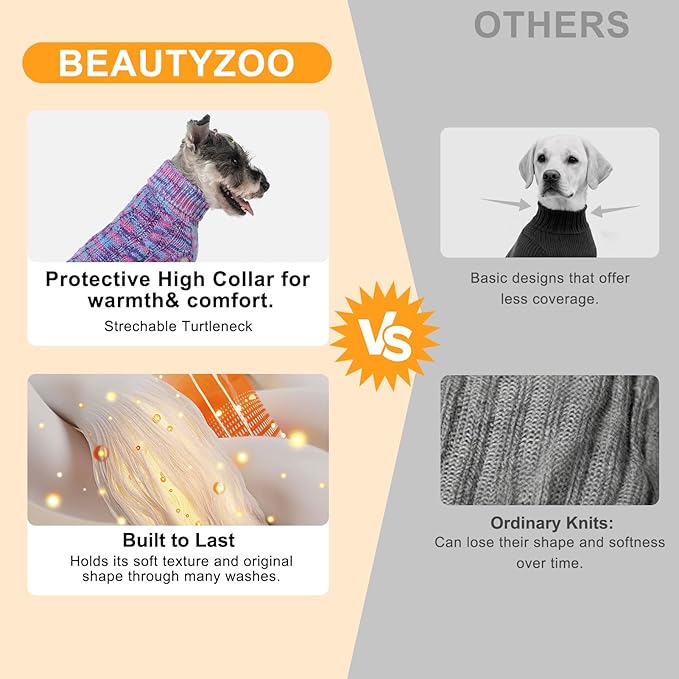 BEAUTYZOO Small Dog Sweater -Turtleneck Pullover Classic Cable Knit Fuzzy Winter Coat Dog Cold Weather Clothes for Small Medium Dogs Puppy Girl Boys(Multi-Purple, S)