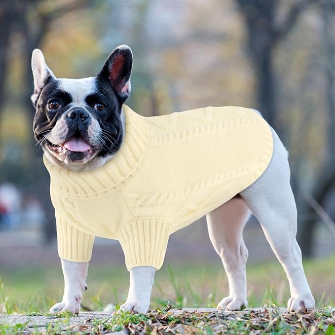 Queenmore Small Dog Pullover Sweater, Cold Weather Cable Knitwear, Classic Turtleneck Thick Warm Clothes for Chihuahua, Bulldog, Dachshund, Pug (White, Medium)