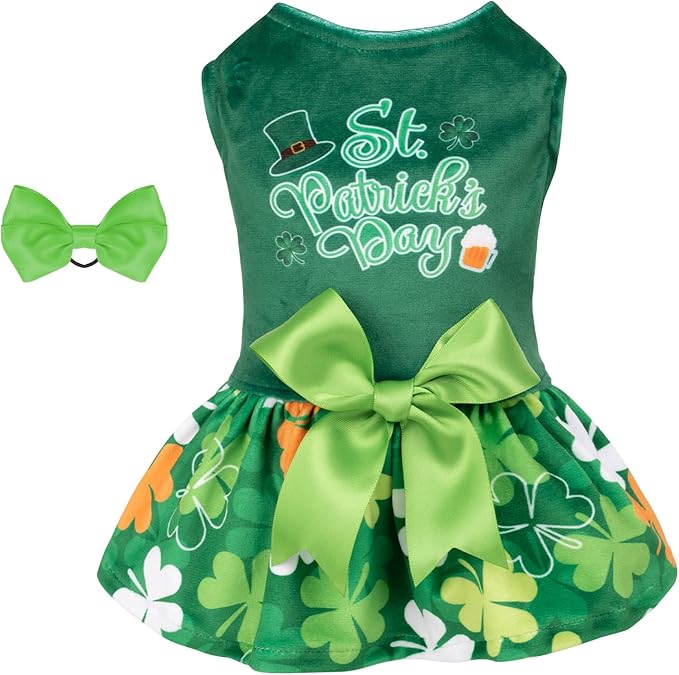 CuteBone St.Patrick's Day Dog Green Dress Velvet for Small Dogs Girl Puppy Dresses Clover Dog Clothes CVA13XS-D
