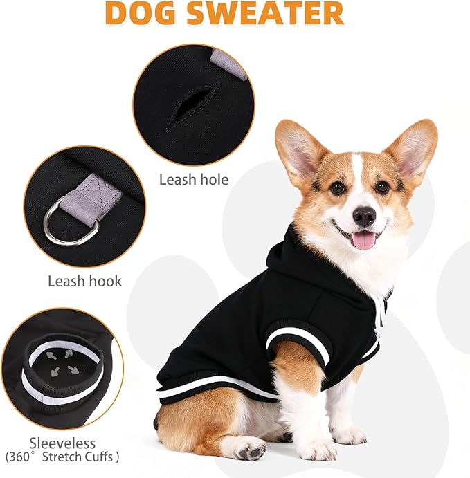 KOOLTAIL Dog Hoodie with Leash Hole & D-Ring, Thick Fleece-Lined Winter Fall Warm Dog Clothes Cold Weather Coats, Soft Pet Sweater Sweatshirt for Small Medium Large Sized Dogs Puppy Boys Girls,Black L