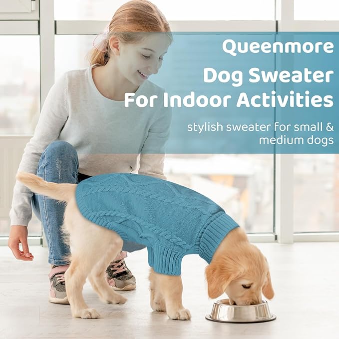 Queenmore Small Dog Pullover Sweater, Cold Weather Cable Knitwear, Classic Turtleneck Thick Warm Clothes for Chihuahua, Bulldog, Dachshund, Pug (Peacock Blue, Small)