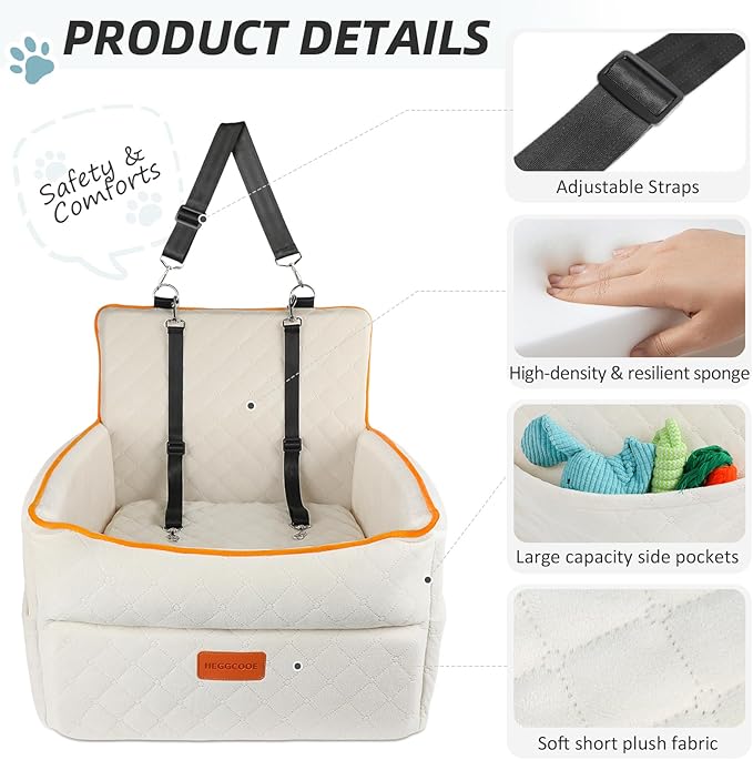 Dog Car Seat for Small Medium Dogs, Memory Foam Dog Booster Seats with Thick Cushion for Dogs Under 35lbs, Detachable Washable Pet Car Seat Travel Bed with Storage Pockets,2 Safety Belt