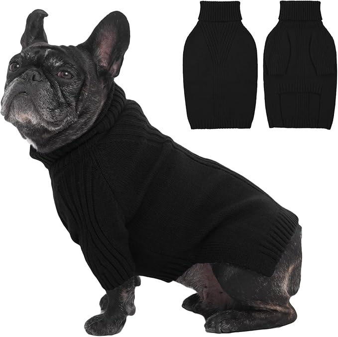 IECOii Dog Sweaters for Medium Dogs Girl Boy,Holiday Knit Doggy Sweatshirt with Sleeve,Turtleneck Thick Warm Dog Sweaters for Winter,Pullover Knitwear for French Bulldog,Boston Terrier (Black, L)