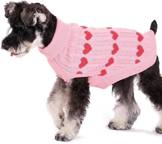 KOOLTAIL Valentine's Day Dog Sweater Turtleneck, Cold Weather Pullover Classic Knitwear, Heart Pattern Thick Warm Winter Pet Clothes, Cable Knit Sweater for Small Medium Large Dogs Girl Boy, Pink M