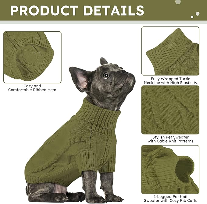 Queenmore Small Dog Pullover Sweater, Cold Weather Cable Knitwear, Classic Turtleneck Thick Warm Clothes for Chihuahua, Bulldog, Dachshund, Pugl,OliveGreen,XXL