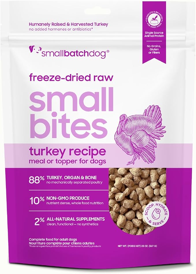 smallbatch Pets Freeze-Dried Raw Dog Food – Turkey Recipe –20 oz Small Bites – High Protein, Grain Free – Complete Meal or Topper – Made in USA with Organic Superfoods(20 Oz, Turkey)