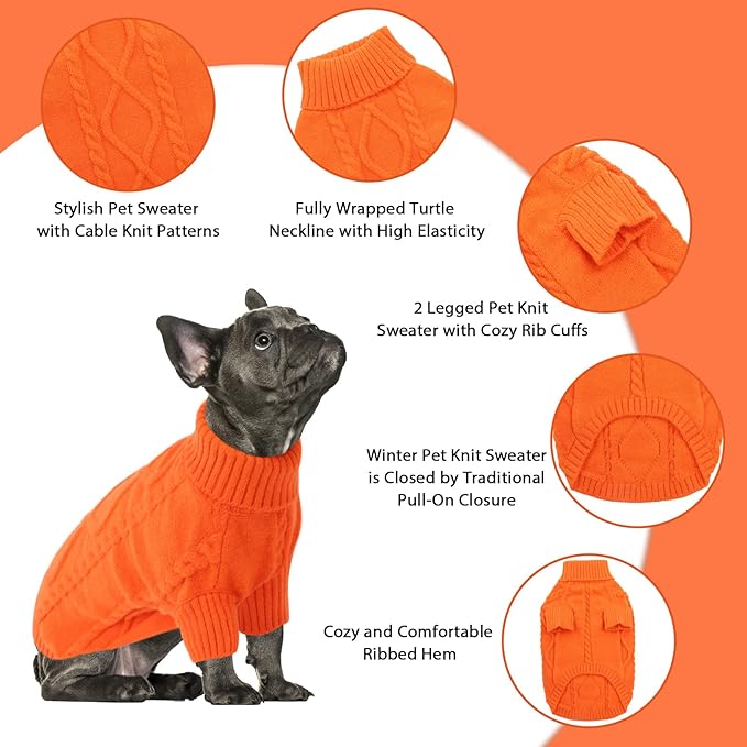 Queenmore Small Dog Pullover Sweater, Cold Weather Cable Knitwear, Classic Turtleneck Thick Warm Clothes for Chihuahua, Bulldog, Dachshund, Pug (Orange, X-Large)