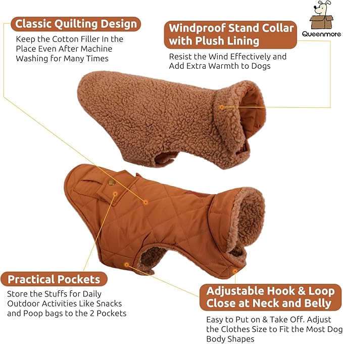 Queenmore Warm Puffer Dog Jacket, Ultra Thick Plush Lining with Storage Pockets (Brown, X-Small)
