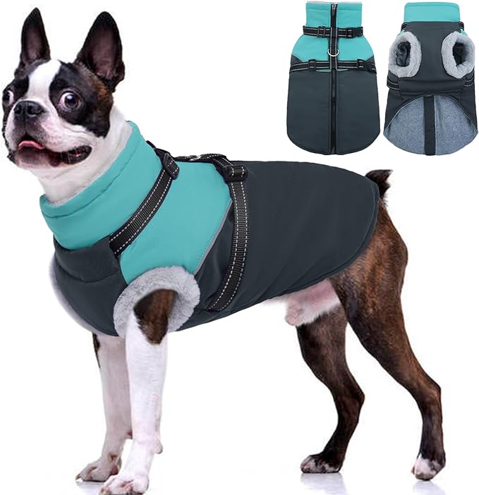 Dog Coat with Harness Built, Dog Winter Jacket with Zipper Closure, Warm Pet Fleece Puffer Coat with Reflective Strips & Furry Collar, Waterproof Snowsuit for Medium Large Dogs - Green L
