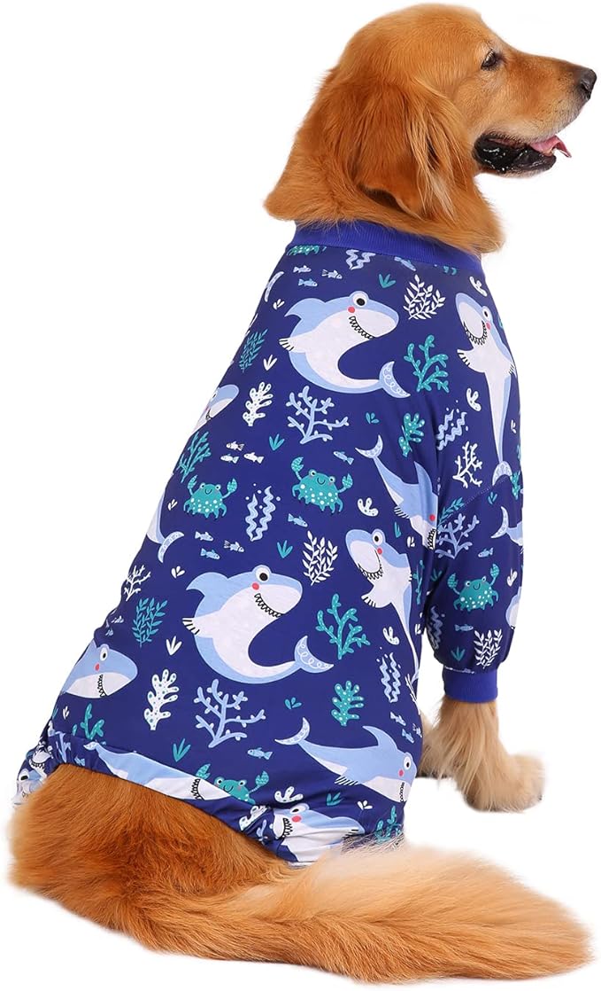 HDE Dog Pajamas One Piece Jammies Jumpsuit Pet Clothes Outfit Stretchy Lightweight Comfy Shirt Pjs for M-3XL Dogs Sharks - M