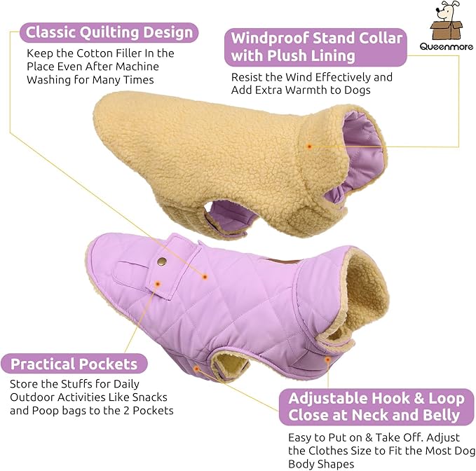 Queenmore Warm Dog Coat, Cold Weather Puffer Dog Coat Vest, Quilting Winter Pet Jacket Ultra Thick Plush Fleece Lining Pet Clothes for Dogs with Storage Pockets (Lilac,Large)