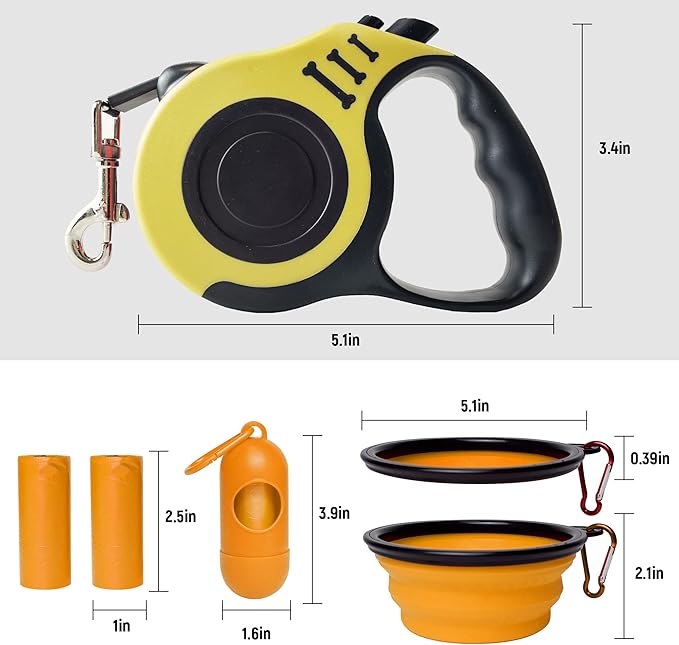 LIEVUIKEN Retractable Dog Leash Automatic Telescopic Tractor Dog Tape, Pet Tape 10/16 FT Durable and Convenient, with Folding Bowl, Dispenser, Rubbish Bags, Suitable for Small and Medium Dogs