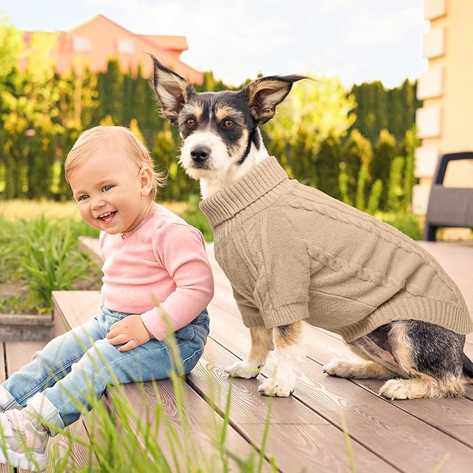 BEAUTYZOO Small Dog Sweater Female Male, Fleece Dog Winter Sweater for Medium Girl Boy Dogs, Pink Warm Cute Puppy Pullover Sweater, Thick Turtleneck Pet Cold Weather Clothes Cable Knitwear, Khaki SM