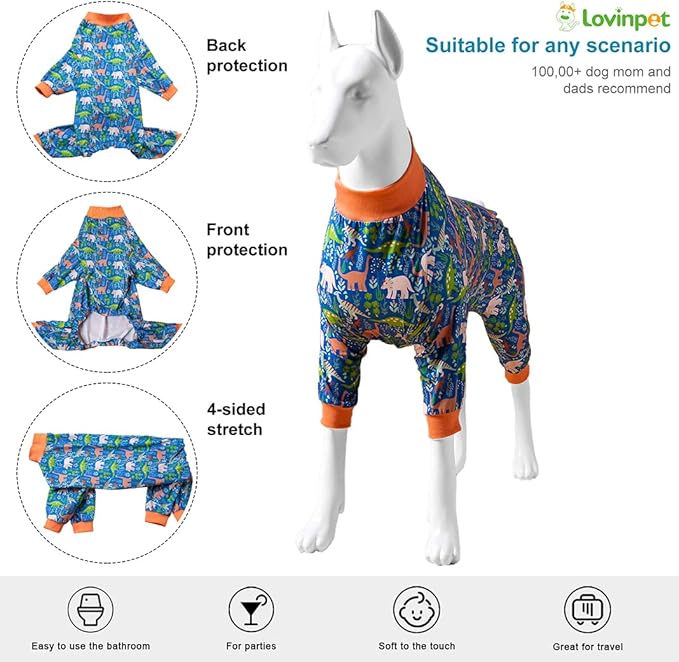 LovinPet Large Breed Dog Clothes Pajamas, Wound Care/Post Surgery Full Coverage Shirt, Dinosaur Land Blue Print, Lightweight Stretchy Knit Pullover Dog Onesie, Pet Pajamas for Dogs, Pet PJ's, L