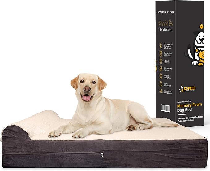 KOPEKS Jumbo Orthopedic Dog Bed - 7-inch Thick Memory Foam Pet Bed with Pillow with Removable Cover & Free Waterproof Liner - for Large Breed Dogs, XL, Brown-Plush Top