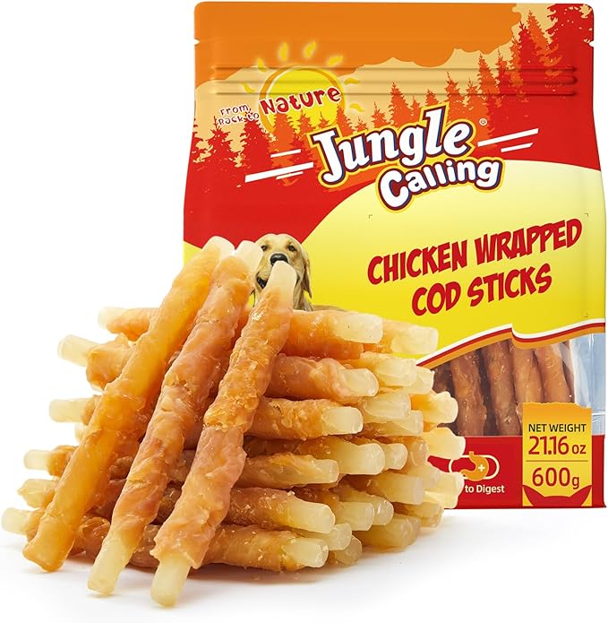 Jungle Calling Dog Treats, Rawhide Free Chicken Wrapped Cod Sticks, Easily Digestible Chewy Snacks for Training Rewards, 21.2 oz