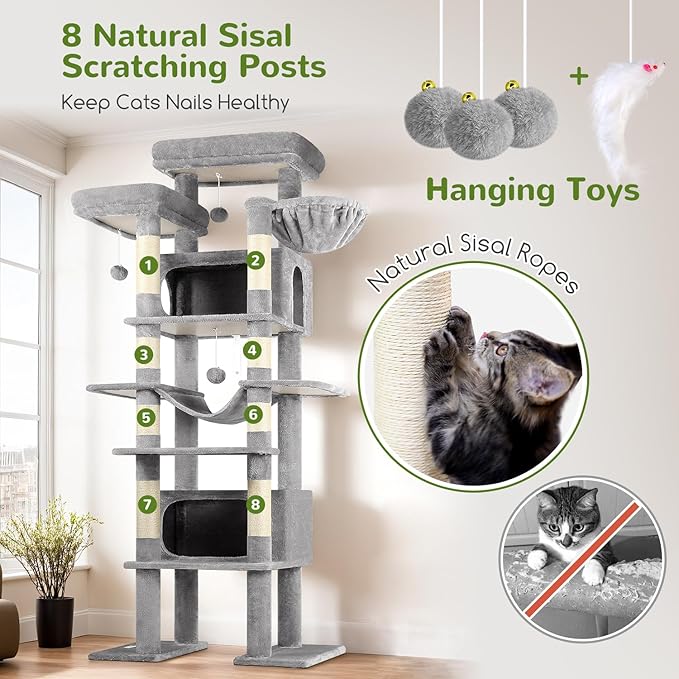 Globlazer XXL Giant Cat Tree, 83 Inch Heavy Duty Tall Cat Tower for Indoor Cats Large Adult, Multi-Level Large Cat Condo with 8 Scratching Posts, Hammock, 2 Cat Caves, 2 Platform, F83B, Light Grey