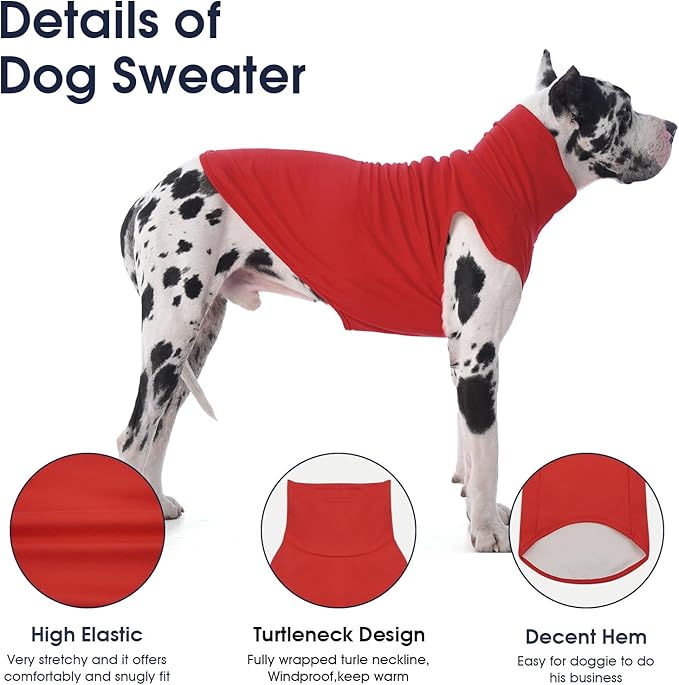 IECOii 4XL Dog Sweater - Stretch Fleece Sweater with Turtleneck,Red,XXXX-Large, Warm Pullover Sweatshirt Pajamas for Indoor Sleeping/Outdoor Walking, Comfort Fit for Giant Breeds Like Great Dane