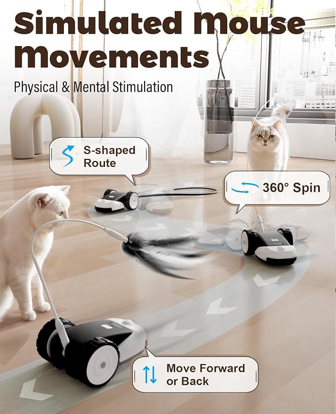CYROS 3-in-1 Interactive Cat Toy - 2-Speed Automatic Moving Mouse Cat Toys Self Play with 2pcs Hanging Feather String Ribbon and Wiggly Silicone Mice Tail for Bored Indoor Adult Cats Kittens