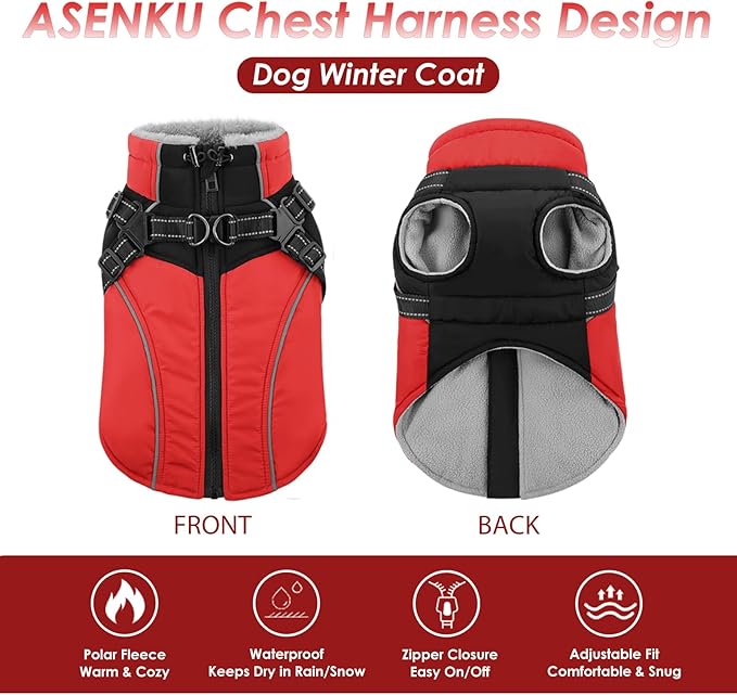 ASENKU Reflective Dog Coat with Built-in Harness, Windproof Fleece-Lined Dog Jacket for Small, Medium, Large Dogs, Warm Winter Vest with Turtleneck & Zipper (Red XS)