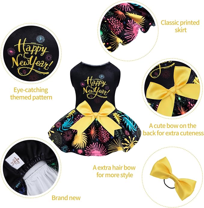CuteBone Happy New Year Dog Dresses Velvet Holiday Small Dogs Clothes Onesie Pet Apparel Girl Puppy Skirt with Bow Hair Rope CVA56XXS-D