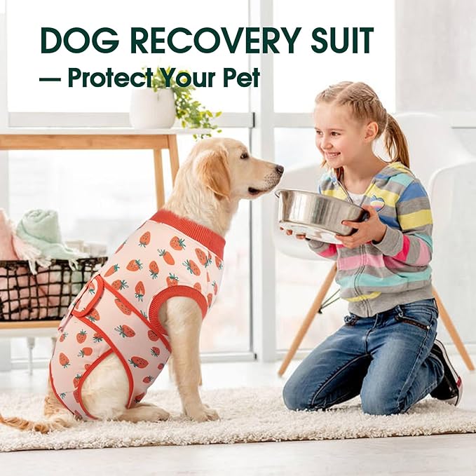 Kuoser Dog Recovery Suit for Female Male Dogs, Post-Surgery Bodysuit for Spay Neuter, Dog Onesie After Surgery, Anti-Licking Pet Surgical Recovery Suit, PinkStrawberry S