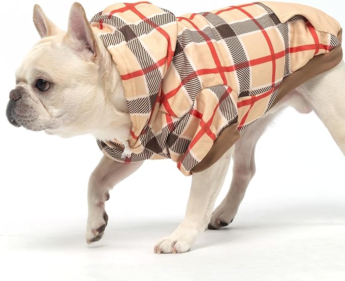 KOOLTAIL Plaid Dog Hoodie for Small Medium Large Dogs - Pet Clothes Sweater with Hat and Pocket for Cold Weather Winter, Warm Soft Dog Hooded Sweatshirt Coat Outfit for Puppy Cats Girls Boys Beige XL