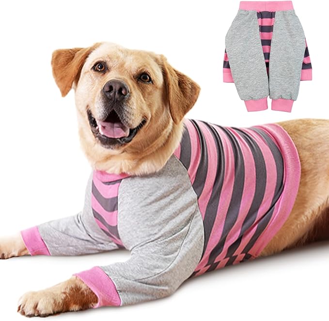 FUAMEY Dog Recovery Sleeve with Elbow Protector,Dogs Shirt Stop Licking Joints,Pet Long Sleeve Suit Protecting Dog's Front Leg Arm Wounds Cover Skin Conditions Pink Stripes 2XL