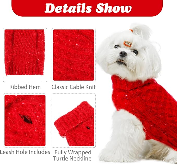 Turtleneck Small Dog Sweaters - Classic Cable Knitwear Winter Coat for Small Medium Dogs Male Female Puppy Dog Cold Weather Clothes Girls Boys, Red, XS