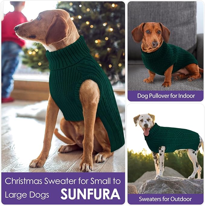 SUNFURA Christmas Dog Sweater, Dog Sweaters for Medium Dogs Girl Boy, Warm Soft Sweaters Pullover for Fall Winter, Solid Color Turtleneck Knitwear Clothes for Pug, Yorkie, Boston Terrier, Green M