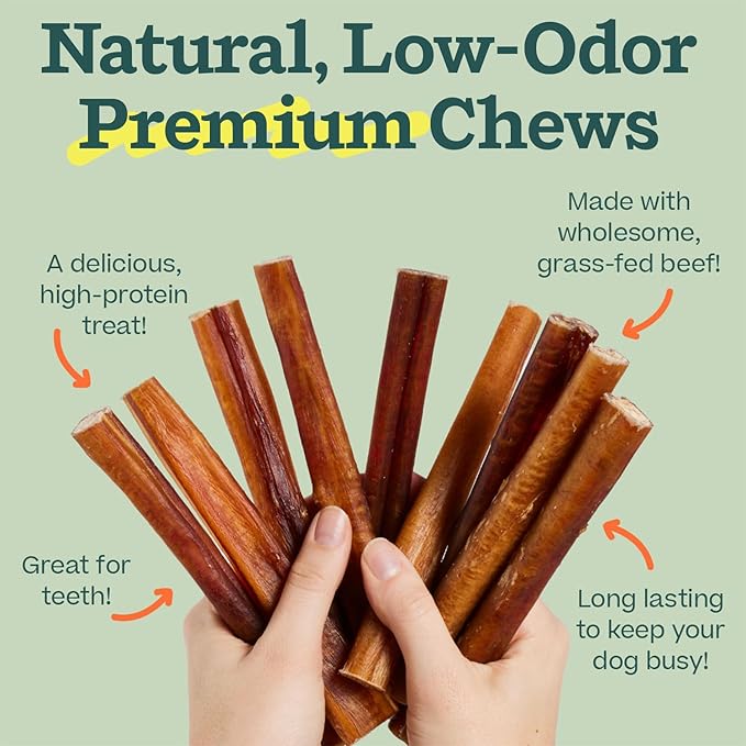 WOOF Bully Sticks Dog Treats - Chew Sticks for Dogs - Long-Lasting Dog Chew Treats - Made with Free-Range, Grass-Fed Beef - 6" Sticks - 5pk