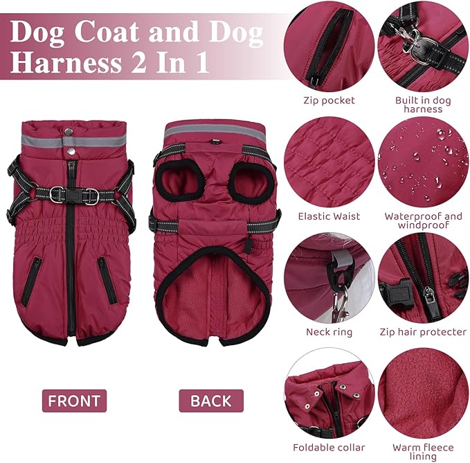 Gyuzh Dog Coat with Harness,Dog Coats for Small Dogs,Warm Fleece Winter Puppy Jacket,Waterproof Jacket with Harness Built in for Small Medium Large Dogs