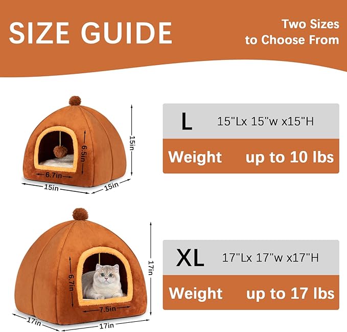 RUONARIER Cat Bed Cave for Indoor Cats,Cat House Tent Bed with Removable Washable Cushioned Pillow, 2-in-2 Kitten Beds for Indoor Kittens,Pet Bed
