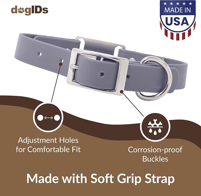 dogIDs Personalized Dog Collar – ScruffTag Custom Waterproof Biothane Dog Collar with Laser-Engraved Name, Durable & Odor-Resistant – USA Made | Grey, 1 in x 22 in (Fits Neck Sizes 20-24 in)