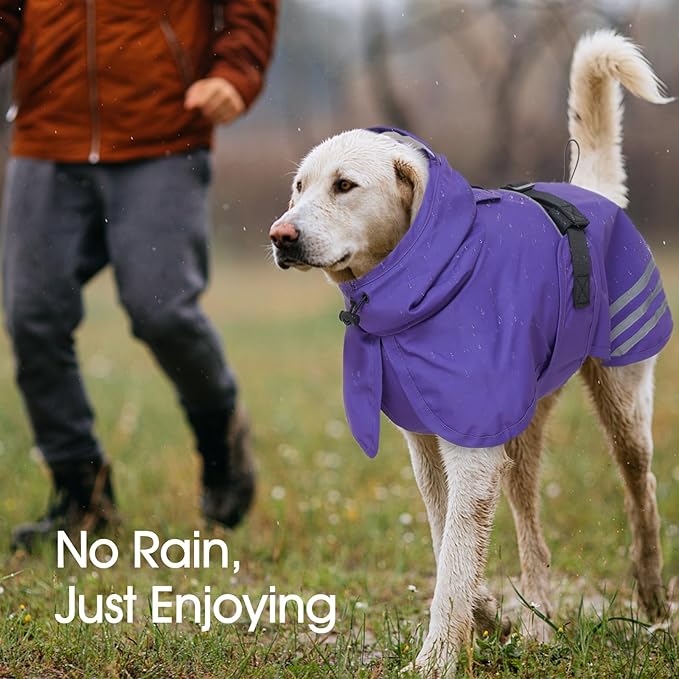 IECOii Waterproof Dog Raincoat with Reflective Strips - Adjustable Dog Rain Jacket for Small Medium Large and Giant Dogs, Windproof Pet Rain Coat with Hood for Outdoor Walking, Hiking, Purple