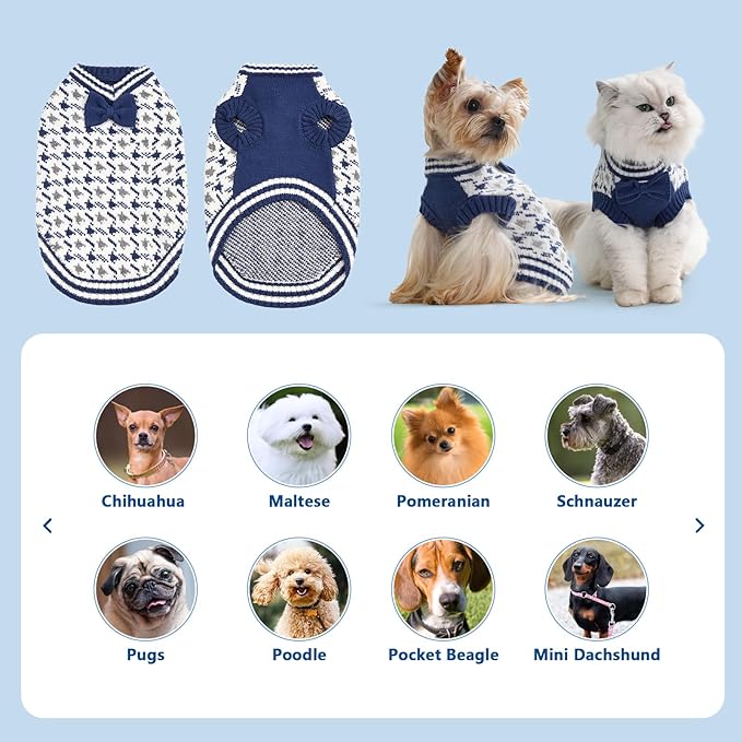 Small Dog Sweaters Boy Pet V-Neck Doggy Sweater Knit Christmas Halloween Dog Sweater for Pomeranian Bichon Frise Pug Cold Weather Outfit Pet Formal Dress (Blue, L)