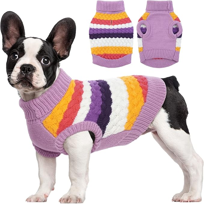Kuoser Dog Sweater, Warm Dog Sweaters for Small Dogs Pet Christmas Outfit, Soft Puppy Holiday Sweater with Harness Hole Thermal Pet Winter Clothes Doggy Pullover Jumper for Dogs Boy Girl, Purple S