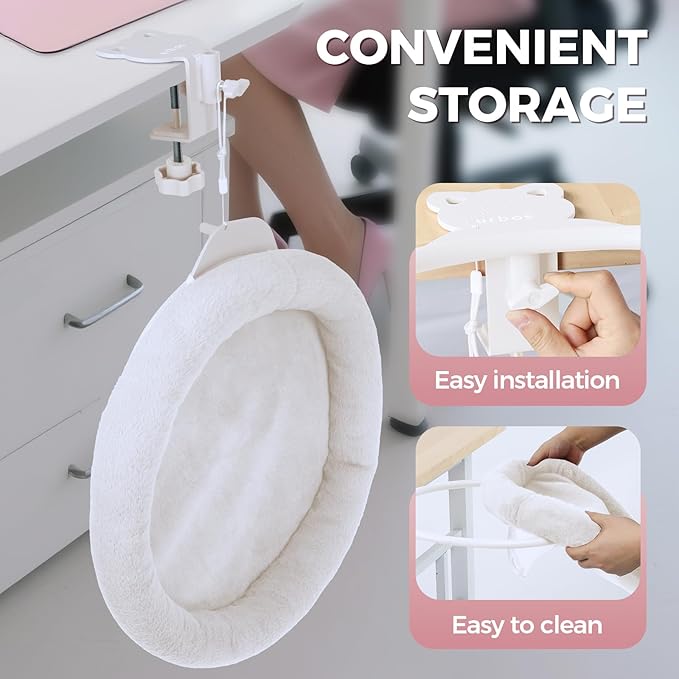 Rotating Cat Desk Bed for Remote Workers, Home Office Staff and Gamers ，Quality Soft Cat Bed, 360° Swivel, Removable Washable Cushion, Comfortable and Easy to Assemble, Supports up 40 lbs(White)