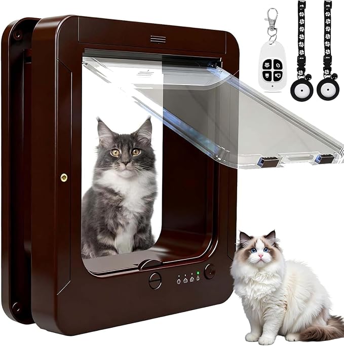 Microchip Cat Flap 11.5" x 10", Automatic RFID Pet Door with 2 Collar Sensors & Remote Control, 4-Way Locking Weatherproof Smart Cat Door for Small Dogs Brown