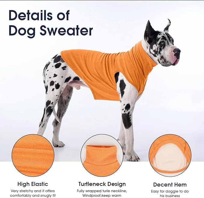 IECOii Dog Fleece Vest Sweater - Stretch Warm Pullover with Turtleneck,Orange,Large, Easy On/Off Winter Dog Sweater for Medium Large Dogs Girl Boy, Winter Fall Jumpsuit with High Neck