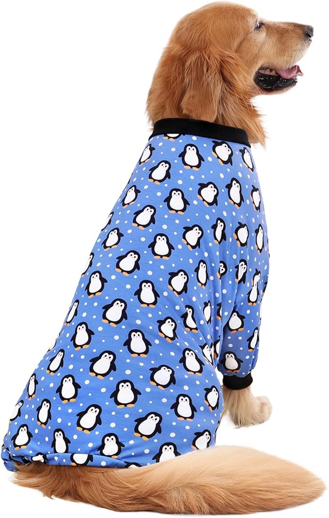 HDE Dog Pajamas One Piece Jammies Jumpsuit Pet Clothes Outfit Stretchy Lightweight Comfy Shirt Pjs for M-3XL Dogs Penguin Polka Dots - XL