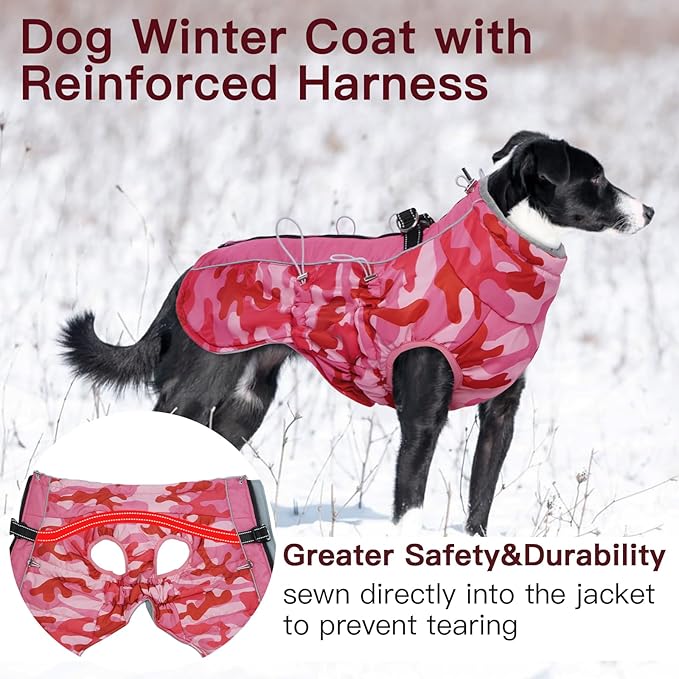 Dog Coat Winter Warm Dog Jackets for Large Dogs Reflective Snowsuit with Harness Fleece Dogs Snow Jacket Waterproof Pet Clothes for Cold Weather