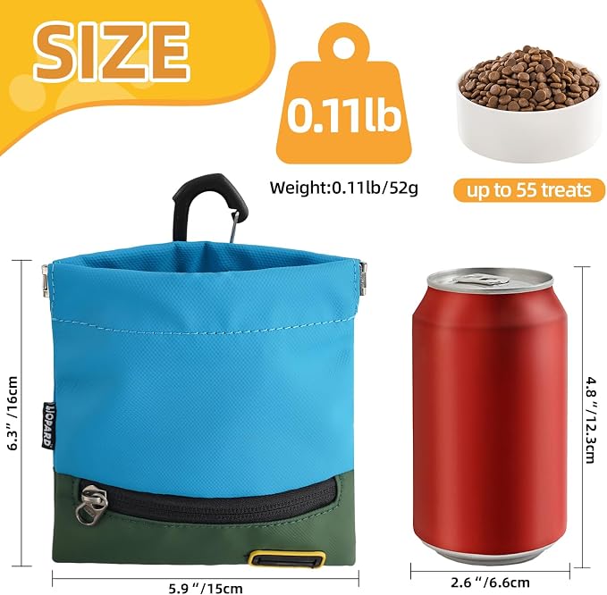 LIOPARD Portable Dog Treat Pouch, Hands-Free Pet Training Snack Bag with Carabiner, Auto-Closing Nylon Fabric Dog Walking Bag for Outdoor Use & Puppy Travel (Blue)
