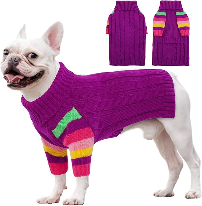 Dog Cold Sweater, Dog Sweaters Winter for Medium Dogs Girl Male, Turtleneck Warm Dogs Sweater Long Sleeve, Stretchy Christmas Doggie Sweaters Outdoor, Pet Knitwear Frenchie, Schnauzer(Purple M)