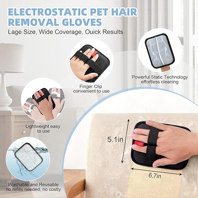 Liznkjious Pet Hair Removal Tool, 3 in 1 Cat Dog Hair Removar Set Including 50" Carpet Rake, Reusable Lint Roller and Static Pet Hair Removal Glove for Rugs,Carpet,Couch,Floors,Furniture,Clothes